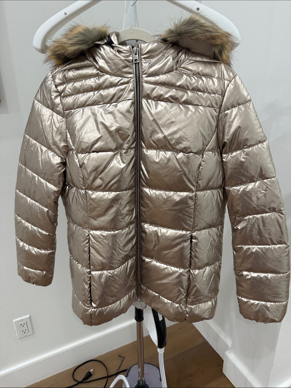 Women’s Metallic Champagne Puffer Jacket with Faux Fur Hood